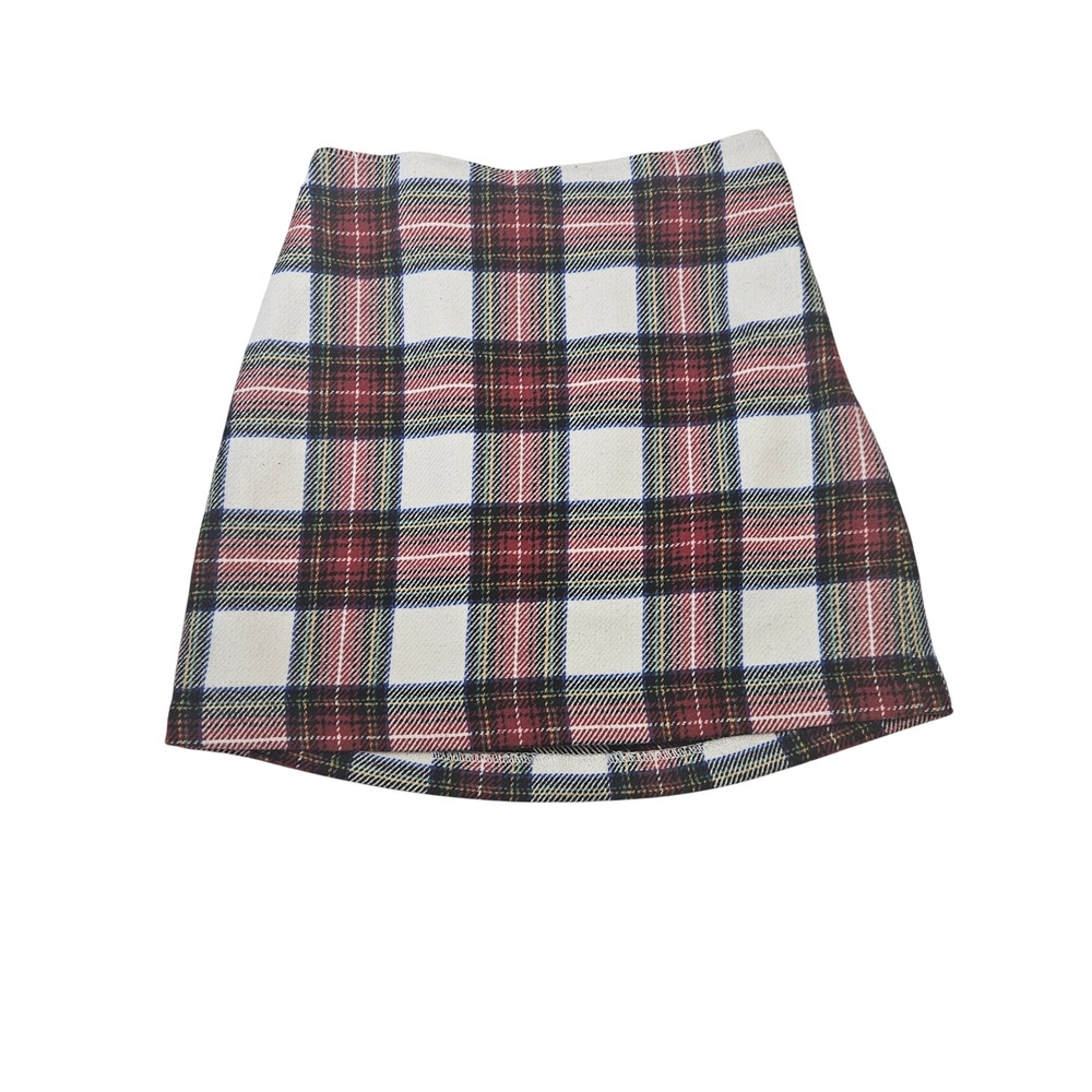 Abercrombie & Fitch Plaid Mini Skirt XS Ivory Red Tartan A-Line Lined Zipper